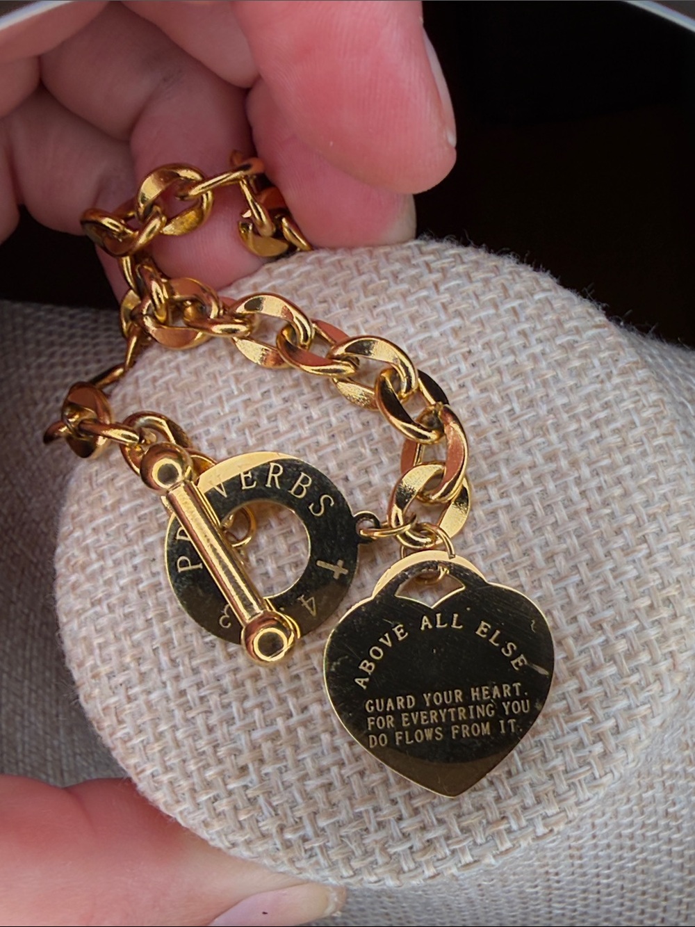 Gold-Tone Heart Charm Chain Bracelet - Proverbs 4:23